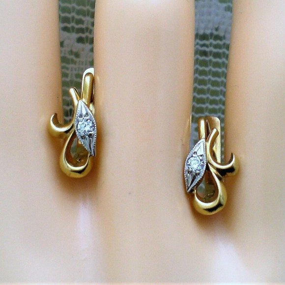 Vintage Soviet USSR Solid 18K 750 Yellow White Gold Diamond EARRINGS - Picture 3 of 8